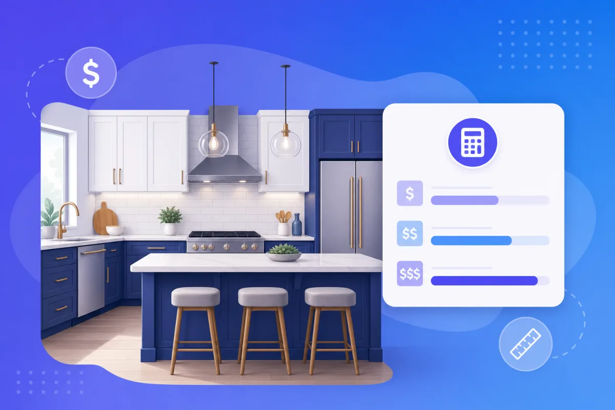 Kitchen remodel cost calculator showing low, mid and high budget bands